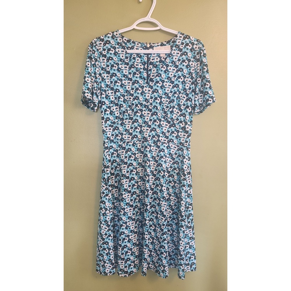 Michael Kors Teal Blue Floral V Neck‎ Shortsleeve Sz Small Dress